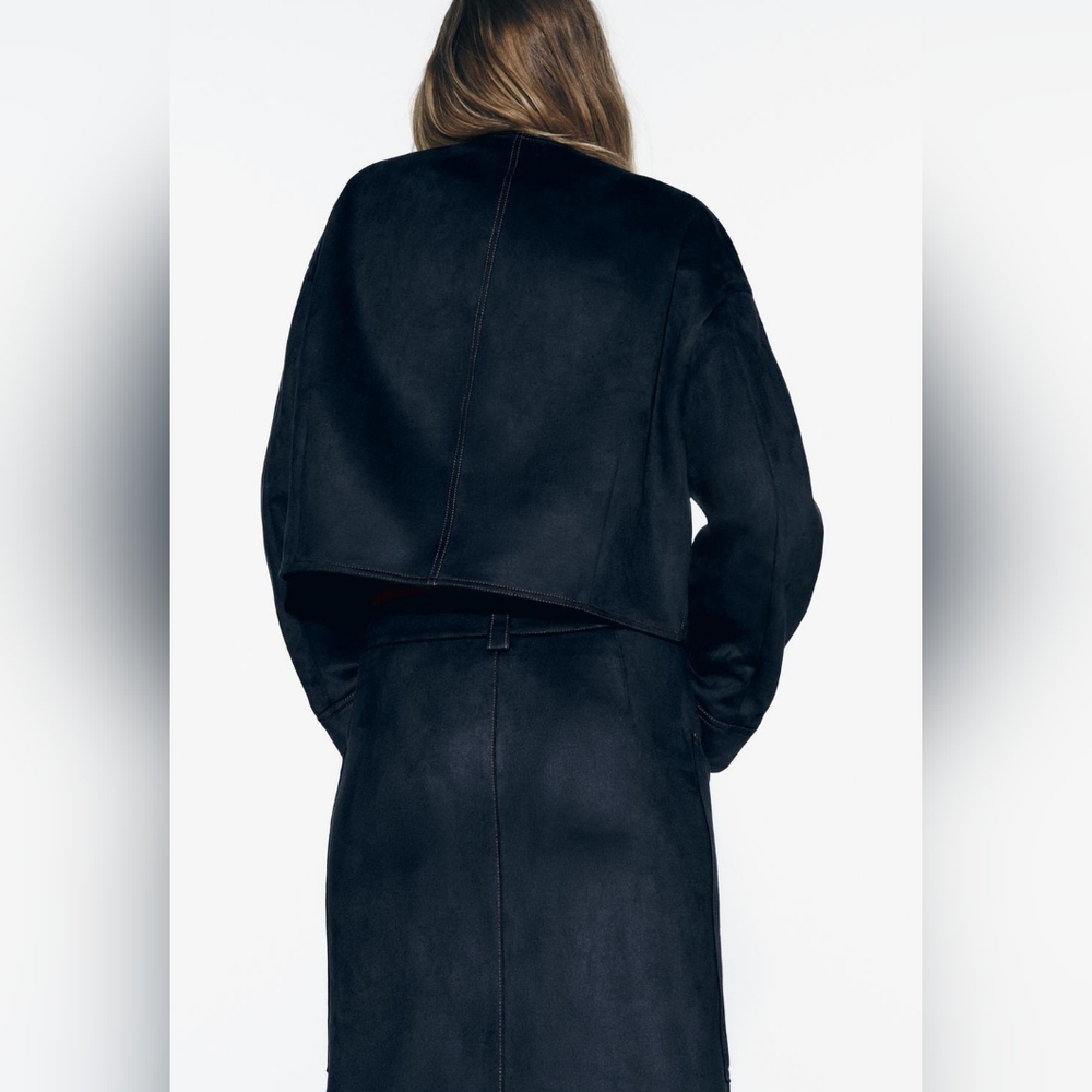 Zara FAUX SUEDE JACKET WITH CONTRAST TOPSTITCHING Size Medium - Picture 2 of 13